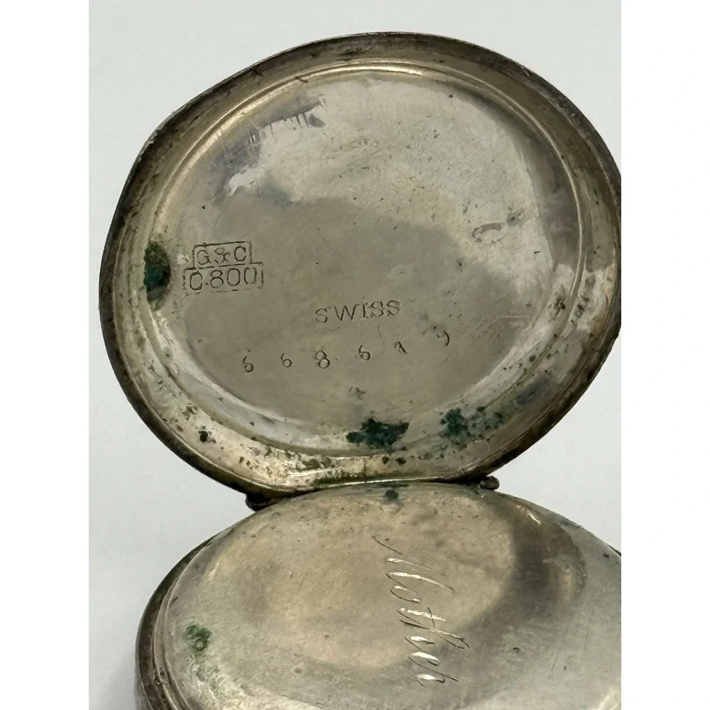Antique Swiss 800 Silver Hunter Case Pocket Watch Engraved Swan Roman Numeral